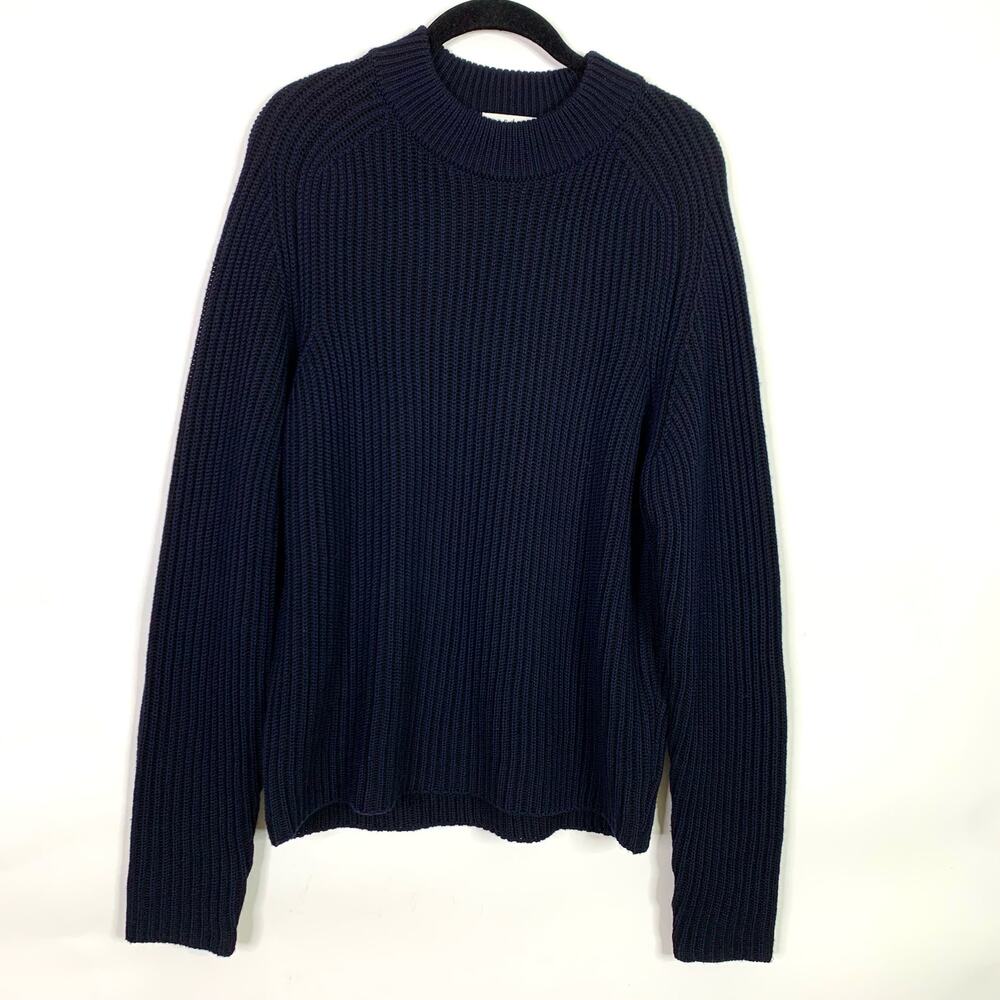 Sandro Paris Sweater Large 100% Virgin Wool Blue Knit Pullover Ribbed Crewneck